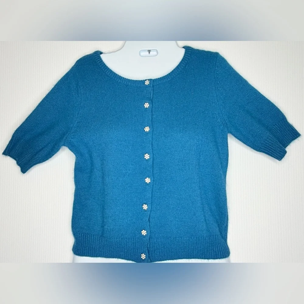 MARINA LUNA Teal Angora Wool Blend Cardigan Rhinestone Buttons - Size Small